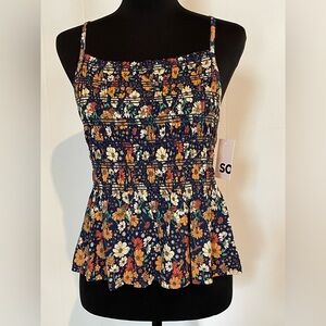 SO Navy Floral Smocked Peplum Tank Top, NWT